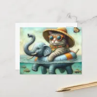 Adorable Cat on an Inflatable Elephant at the Lake Postcard