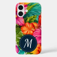 Tropical Floral Hibiscus Monogram iPhone 16 Case