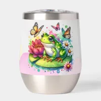 Personalized Frog with Flowers on Lilypad Insulate Thermal Wine Tumbler