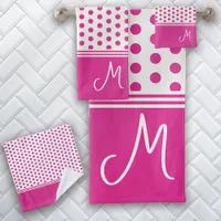 Hot Pink Monogram Polka Dot Bath Towel Set