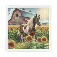 Pretty Brown and White Horse on Rustic Farm Acrylic Tray