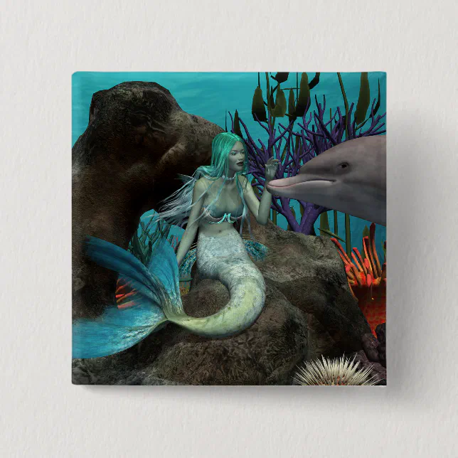 Mermaid and Dolphin Under the Sea Button