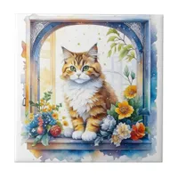 Kitty Cat in Window of Flowers   Ceramic Tile