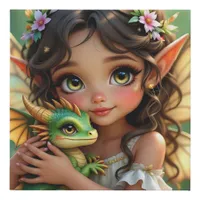 Brown Eyed Elven Fairy and Dragon  Faux Canvas Print