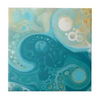Ocean Blue Waves and Sandy Brown Fluid Art Ceramic Tile