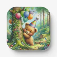 Cute Watercolor Cartoon Baby Bear Cub Birthday Paper Plates