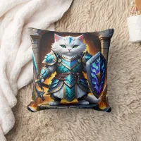 Brave Cat Warrior in Fantasy Armor by Castle Throw Pillow