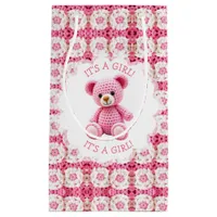 Cute Crocheted Teddy Bear Girl's Baby Shower Small Gift Bag