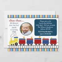 blue choo choo train first birthday photo invite