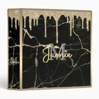 Monogram Metallic Glitter Drips: Gold Black Marble 3 Ring Binder