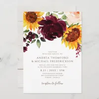 Sunflower and Roses Burgundy Red Fall Wedding Invitation