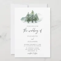 Elegant Watercolor Pine Trees Winter Wedding Invitation