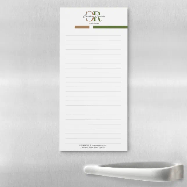 Olive Green Gold Monogram Simple Modern Magnetic Notepad