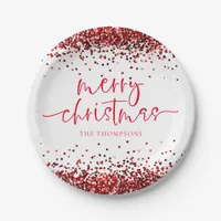 Red Glitter Merry Christmas Party White Paper Plates