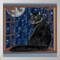 Black Cat Looking at the Moon and Stars  Poster