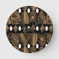 Caribbean Tribal Mudcloth: Black, White, Gold Round Clock