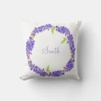 Purple Floral Wreath | Your Last Name Throw Pillow