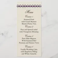 FAUX burlap and lace purple country wedding Menu