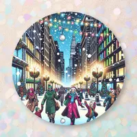 Christmas Shopping in the City on a Snowy Day Classic Round Sticker