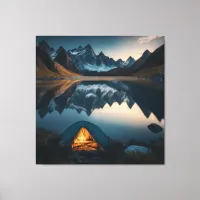 Tent, Mountains and Lake Camping Themed Art Canvas Print