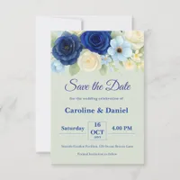 Navy Royal Bue Wedding Watercolor Ivory Flowers Save The Date