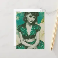 Vintage Woman in a Green and White Polka Dot Dress Postcard