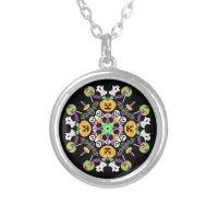 Hand Drawn Halloween Mandala Skulls, Pumpkins,    Silver Plated Necklace