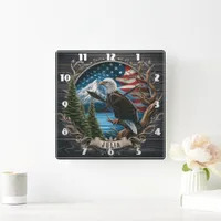 Majestic Eagle Overlooking Mountains and Flag Square Wall Clock