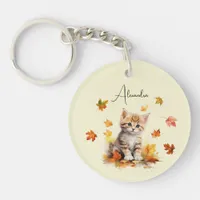 Cute Orange Tabby Kitten in Fall Leaves Keychain