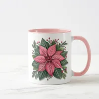 Pink Poinsettia Christmas Mug with Festive Foliage