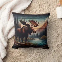 Majestic Moose by Tranquil Mountain Stream Throw Pillow