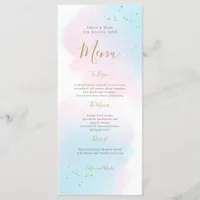 Whimsical Pink Blue Watercolor Gold Splash Wedding Menu