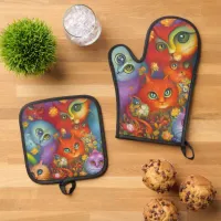 Colorful Crazy Kitty Cat Kitten Collage Oven Mitt & Pot Holder Set
