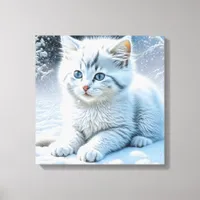 Cute White Cat Playing in the Snow   Canvas Print