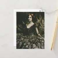 A beautiful woman in a fern dress faux vintage  postcard