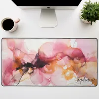 Pink And Gold Alcohol Ink Abstract Desk Mat