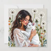 Woman and White Cat and Dandelions  Holiday Card