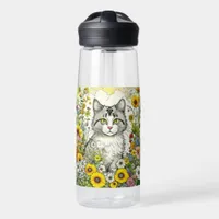 Gray and White Kitty Cat Sitting in Flowers Water Bottle