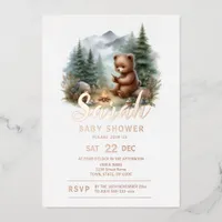 Camping Baby Bear in the Woods Baby Shower Foil Invitation