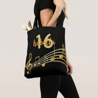 Sweet 16 black gold music notes name tote bag