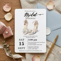 Chic Watercolor White Bow High Heels Bridal Shower Invitation