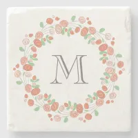 coral roses wreath monogram stone coaster