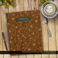 Country Flowers Hand Drawn Pattern Brown Rustic Notebook