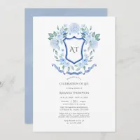 Blue Floral Monogram Crest Celebration of Life Invitation