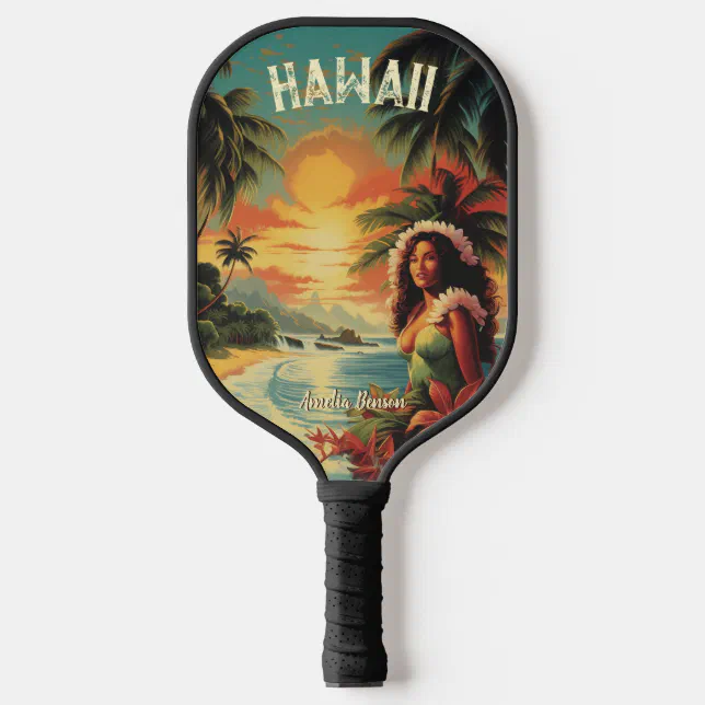 Vintage Art Hawaii Beach Hawaiian Girl Pickleball Paddle