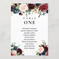 Boho Floral Burgundy Wedding seating charts card