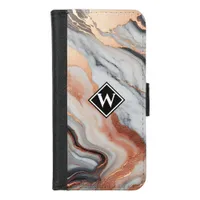 Elegant Rose Gold Black Marble Monogram iPhone 8/7 Wallet Case