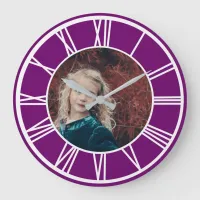 White Roman Numeral Border Purple Add Photo Round Large Clock