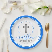Blue Baptism Christening Naming Cross Paper Plates