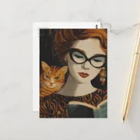 Gorgeous Vintage Lady and Her Cat Reading Postcard